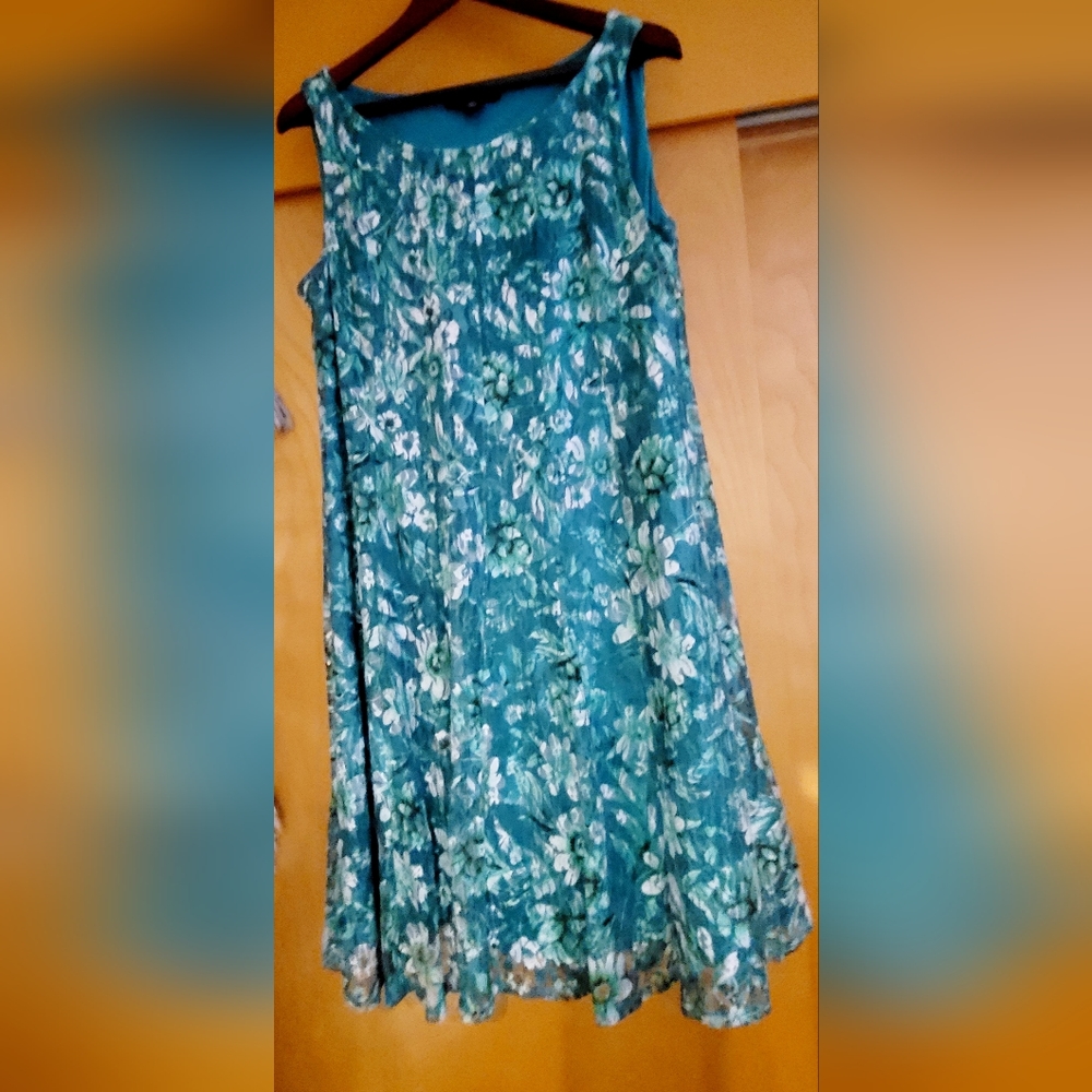 Perceptions Teal & White Floral Dress Size XL Scoop Neck w/Sheer Lace Over Slip.